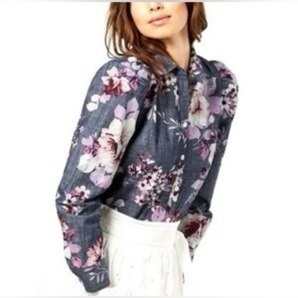 Jill Stuart Floral‎ Chambray Button Down Size 2 Business Casual Chic Feminine